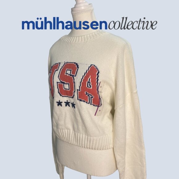 NWT USA Knit Sweater Off-White Red Blue Graphic Pullover - Picture 2 of 3